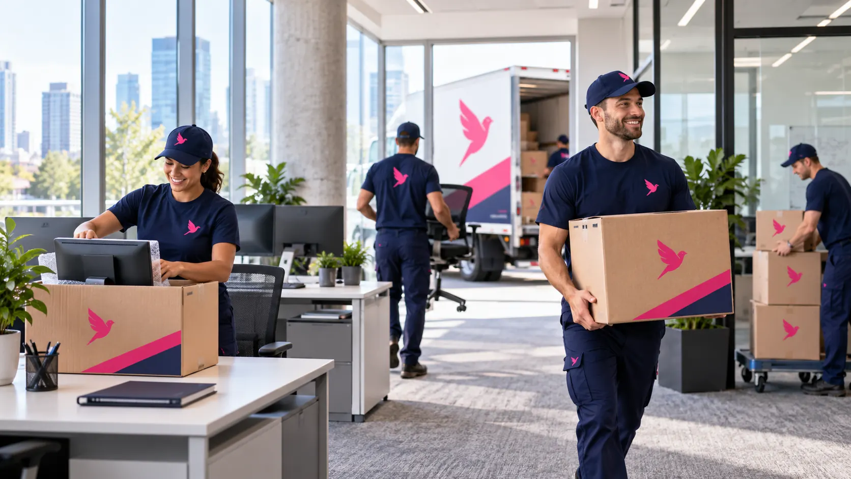 PinkBird commercial movers packing computers and moving boxes out of an office