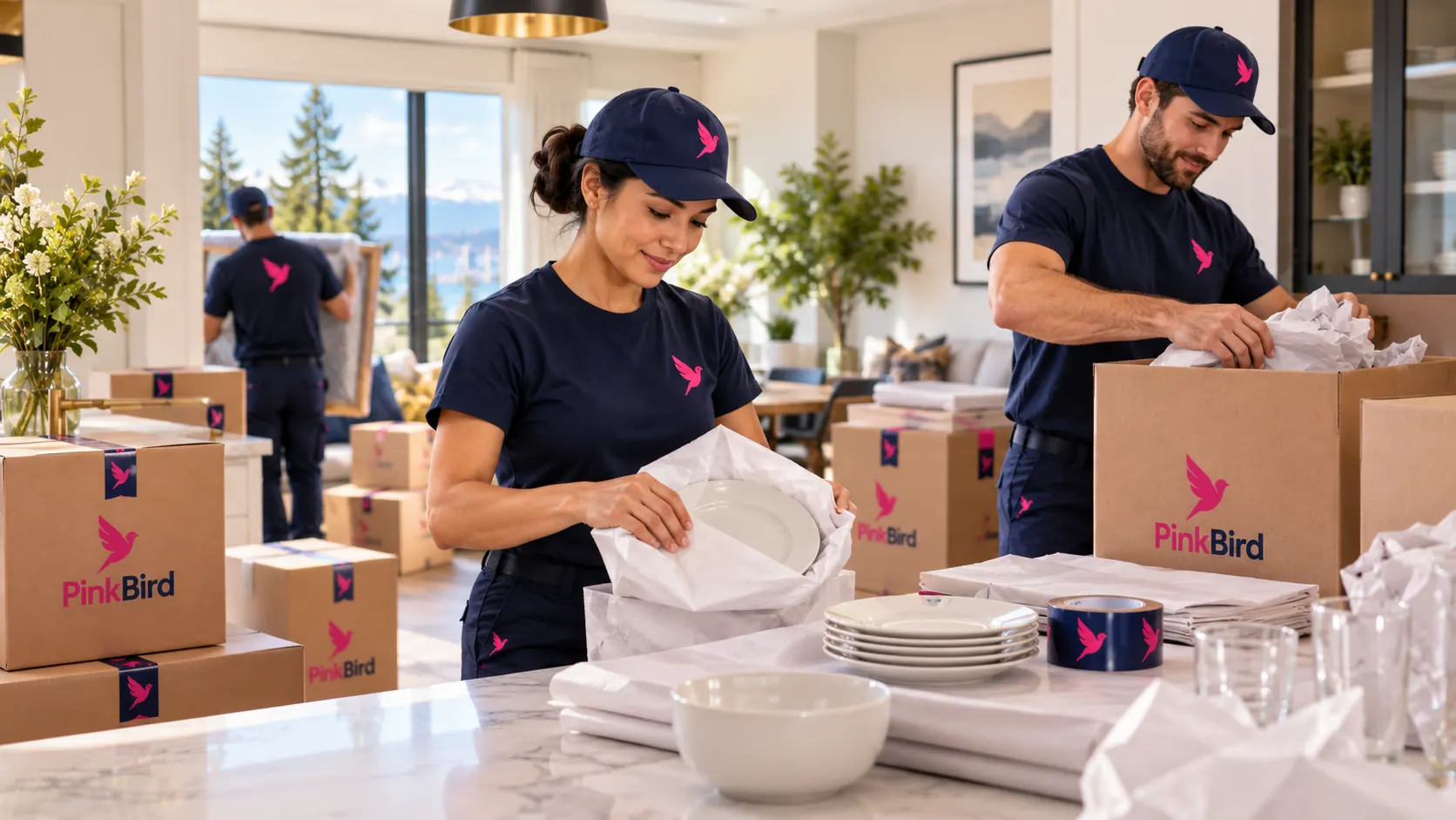 PinkBird packers wrapping dishes in clean packing paper and filling branded moving boxes