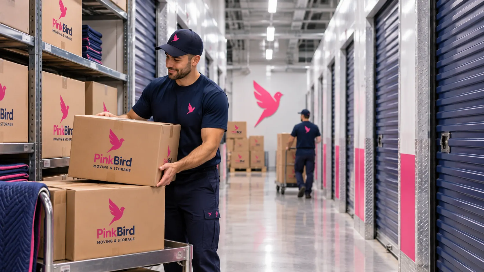 PinkBird team member stacking labelled boxes in a clean, secure indoor storage facility
